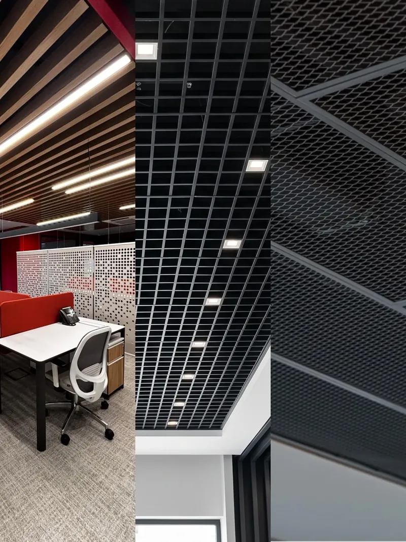 Asma tavan modelleri dikey kolajı: Baffle, petek ve mesh metal asma tavan çözümleri