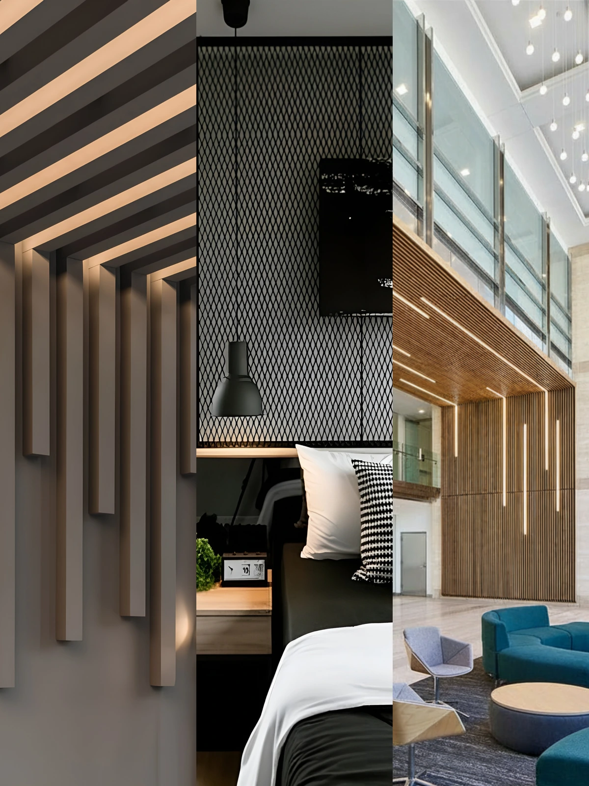Dekoratif duvar sistemleri dikey kolajı: Metal mesh duvar ve ahşap baffle kaplama